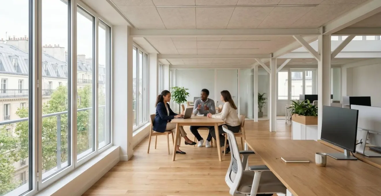 Espace de bureaux moderne avec lumière naturelle et design ergonomique pour le bien-être des équipes
