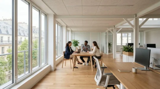 Espace de bureaux moderne avec lumière naturelle et design ergonomique pour le bien-être des équipes