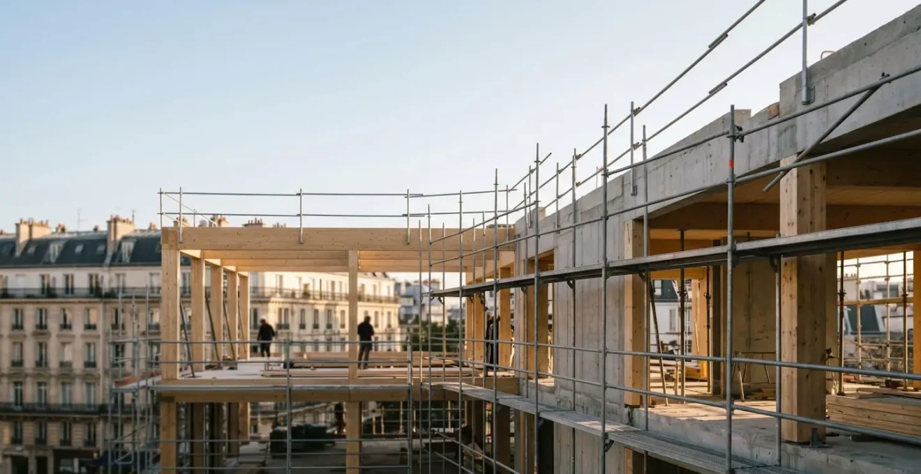 Chantier de construction avec éléments structurels visibles symbolisant le cycle de vie complet d'un bâtiment