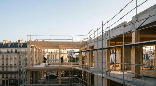 Chantier de construction avec éléments structurels visibles symbolisant le cycle de vie complet d'un bâtiment