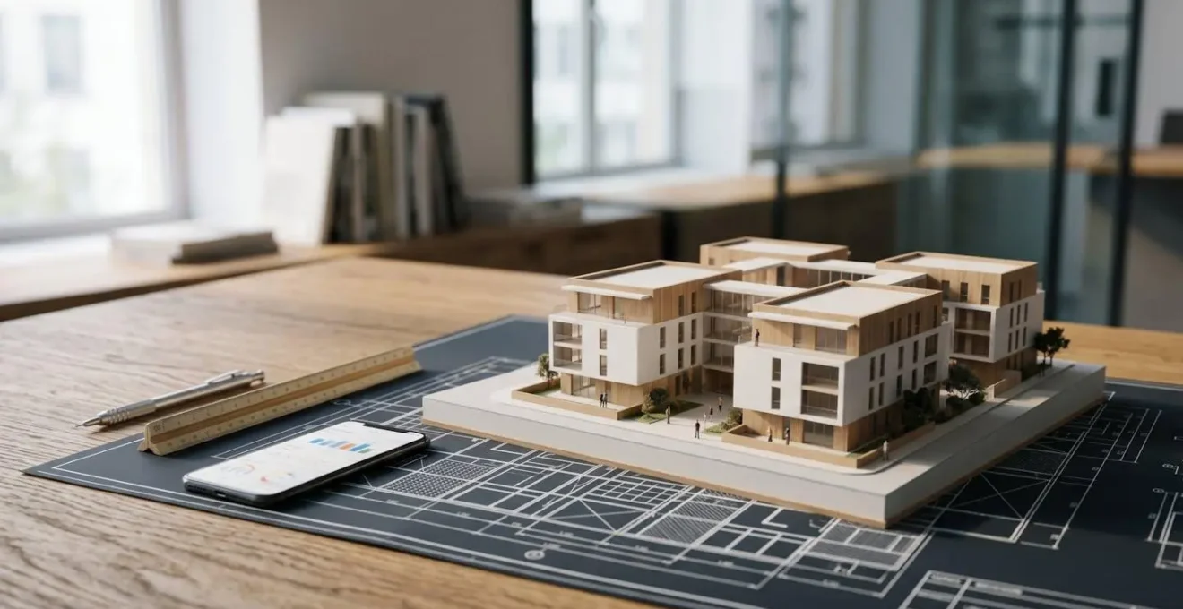 Maquette architecturale de programme immobilier neuf sur plan de construction avec outils de mesure professionnels