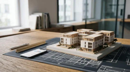 Maquette architecturale de programme immobilier neuf sur plan de construction avec outils de mesure professionnels