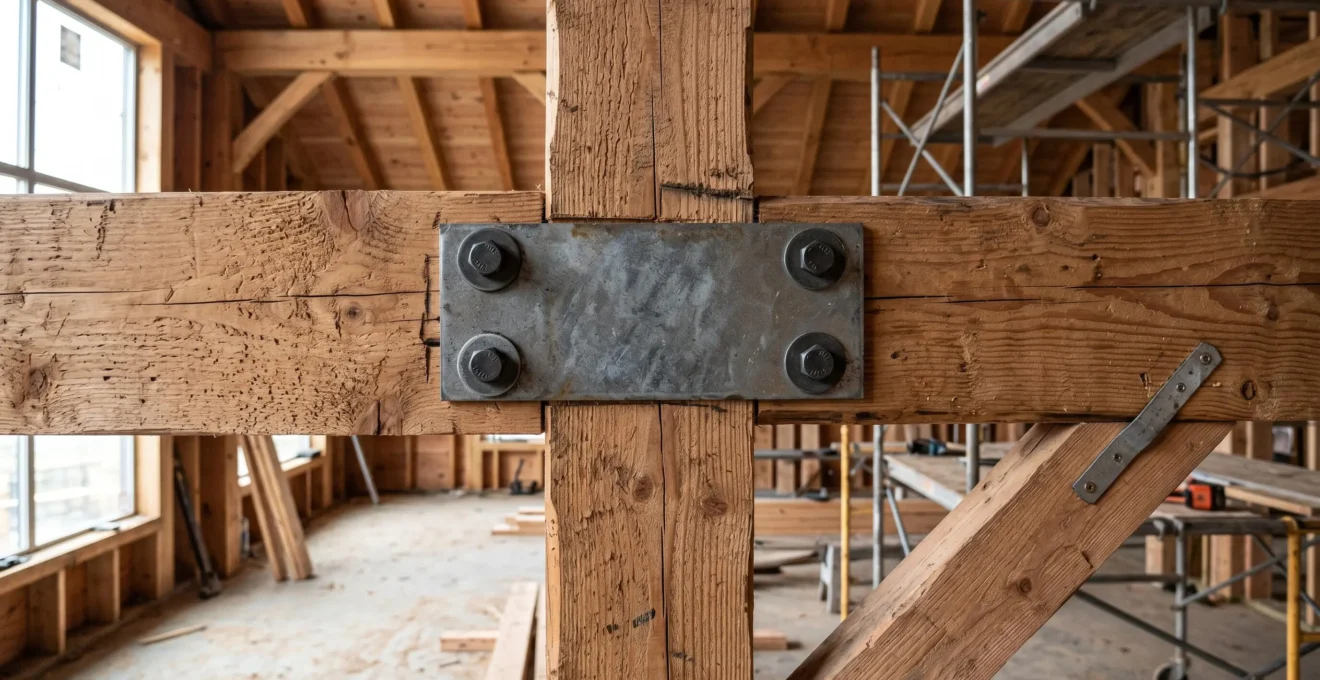 Détail de l'assemblage structural d'une ossature bois avec connecteurs métalliques visibles, vue intérieure de chantier