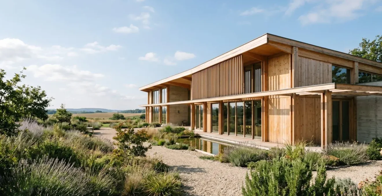 Bâtiment moderne à haute qualité environnementale en France avec matériaux biosourcés et conception bioclimatique