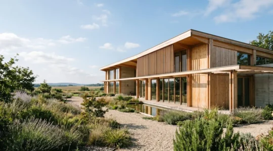 Bâtiment moderne à haute qualité environnementale en France avec matériaux biosourcés et conception bioclimatique