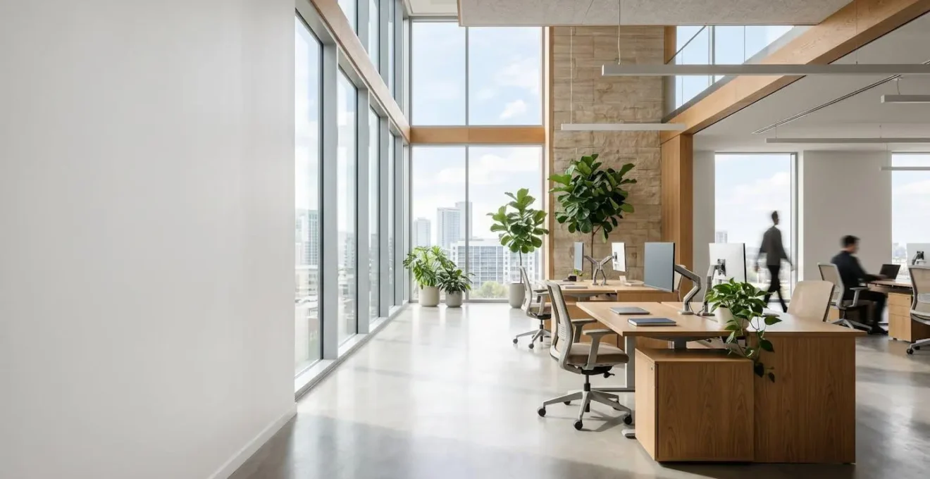 Environnement de travail moderne baigné de lumière naturelle favorisant le bien-être et la santé des occupants