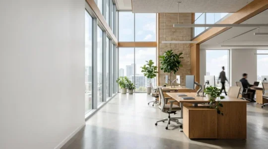 Environnement de travail moderne baigné de lumière naturelle favorisant le bien-être et la santé des occupants