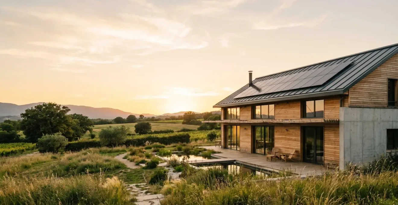 Maison écologique moderne avec panneaux solaires et architecture bioclimatique illustrant la valeur verte immobilière