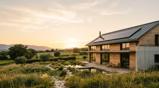 Maison écologique moderne avec panneaux solaires et architecture bioclimatique illustrant la valeur verte immobilière