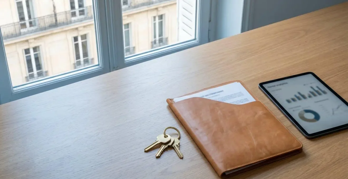 Stratégie d'investissement locatif multi-leviers avec clés de propriété et documents financiers sur une table contemporaine