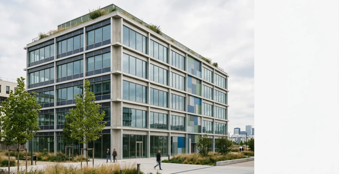 Composition architecturale moderne montrant un immeuble de bureaux certifié avec des éléments de performance environnementale