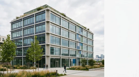 Composition architecturale moderne montrant un immeuble de bureaux certifié avec des éléments de performance environnementale