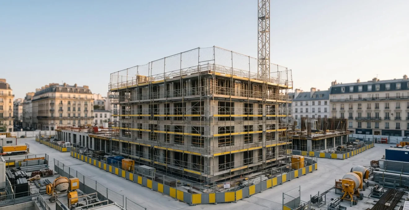 Vue d'ensemble d'un chantier de construction moderne avec équipements de sécurité professionnels