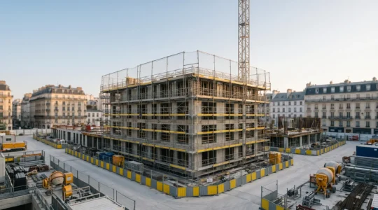 Vue d'ensemble d'un chantier de construction moderne avec équipements de sécurité professionnels