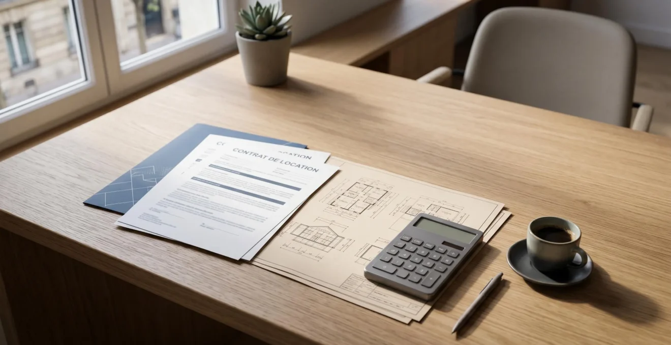 Vue aérienne d'un bureau moderne avec documents financiers et calculatrice symbolisant la décision entre gestion locative personnelle et professionnelle