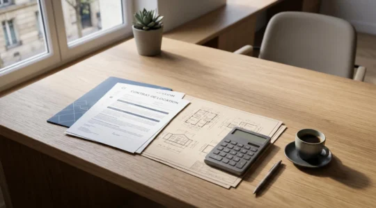 Vue aérienne d'un bureau moderne avec documents financiers et calculatrice symbolisant la décision entre gestion locative personnelle et professionnelle