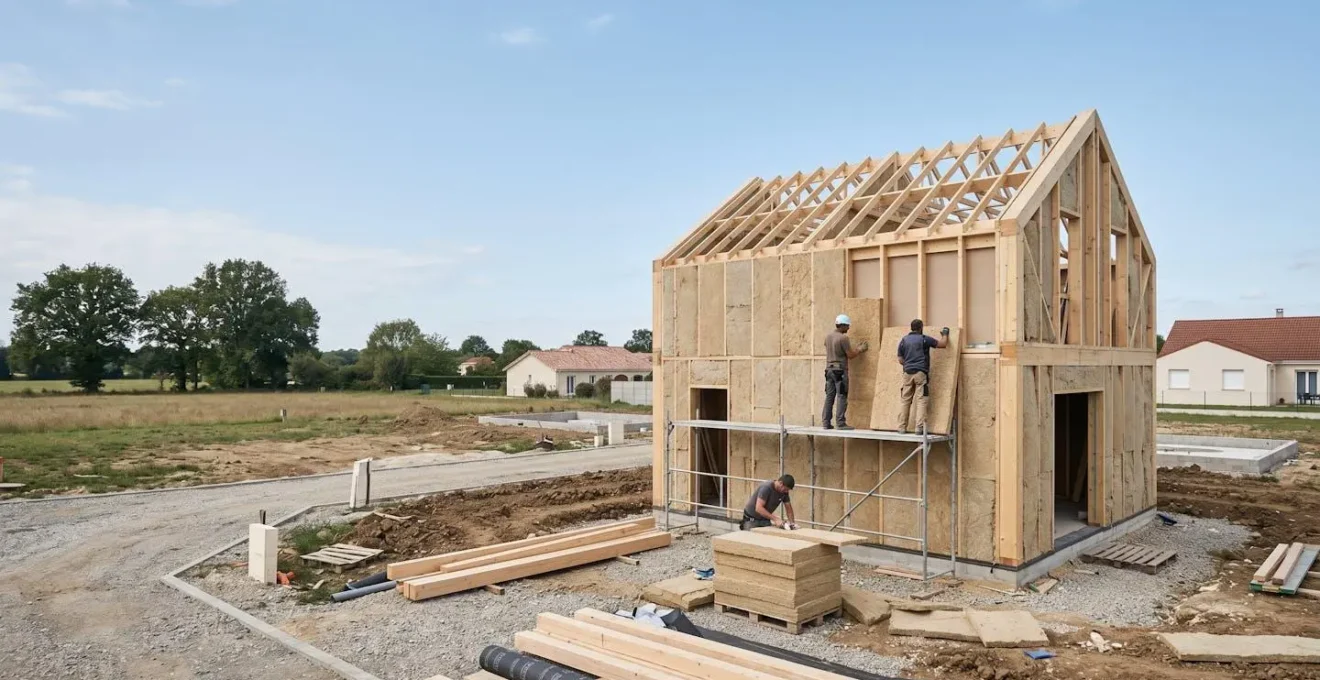 Façade moderne d'une maison individuelle en construction avec isolation thermique performante et matériaux biosourcés en France