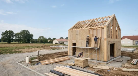 Façade moderne d'une maison individuelle en construction avec isolation thermique performante et matériaux biosourcés en France