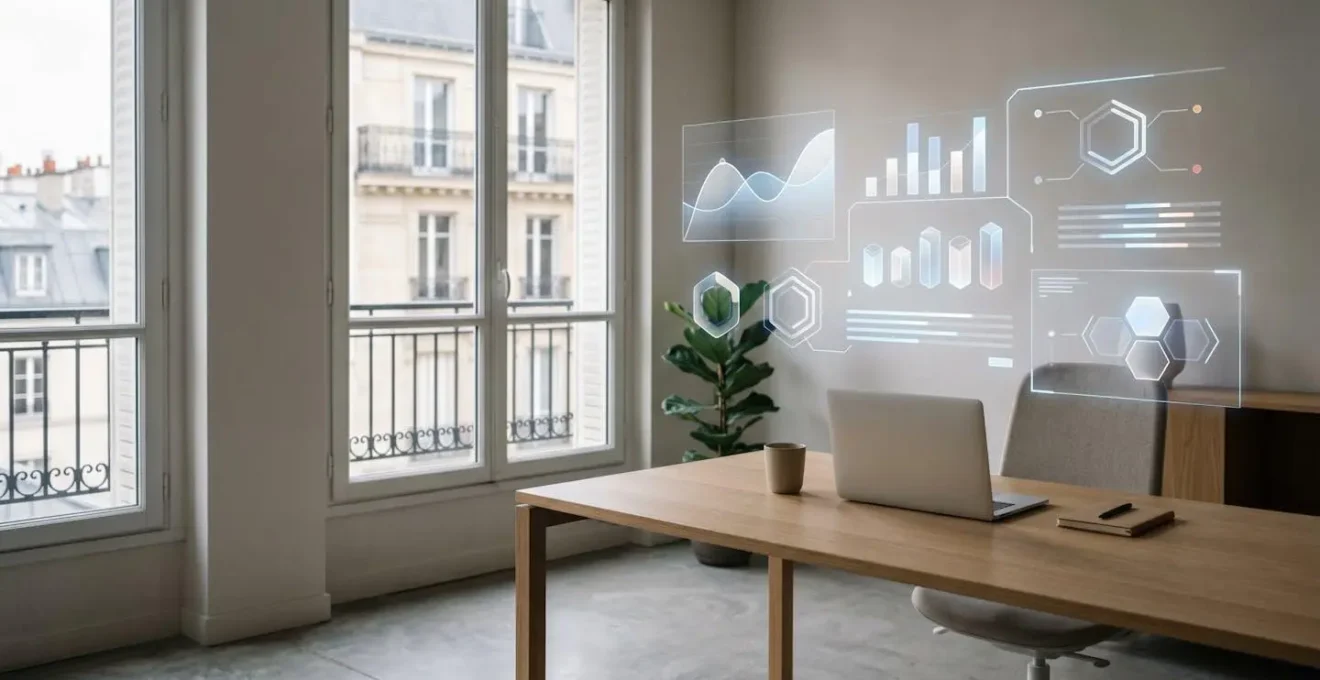 Gestionnaire immobilier consultant des données de performance locative sur une interface numérique moderne