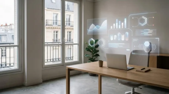 Gestionnaire immobilier consultant des données de performance locative sur une interface numérique moderne