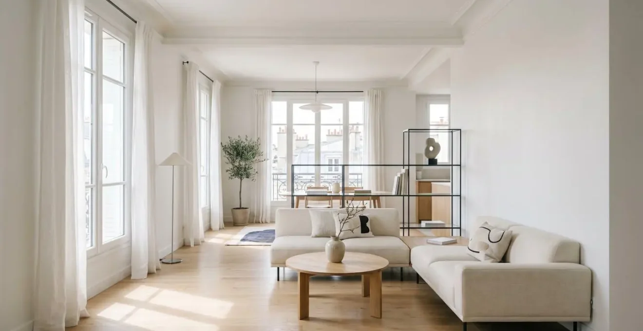 Intérieur d'appartement baigné de lumière naturelle avec agencement optimisé