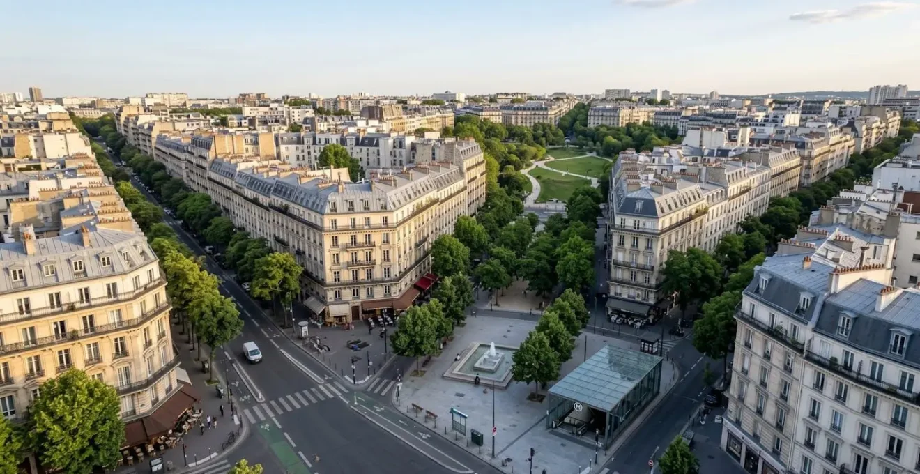 Vue aérienne d'un quartier urbain français avec immeubles résidentiels, espaces verts et infrastructures de transport