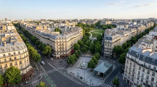 Vue aérienne d'un quartier urbain français avec immeubles résidentiels, espaces verts et infrastructures de transport