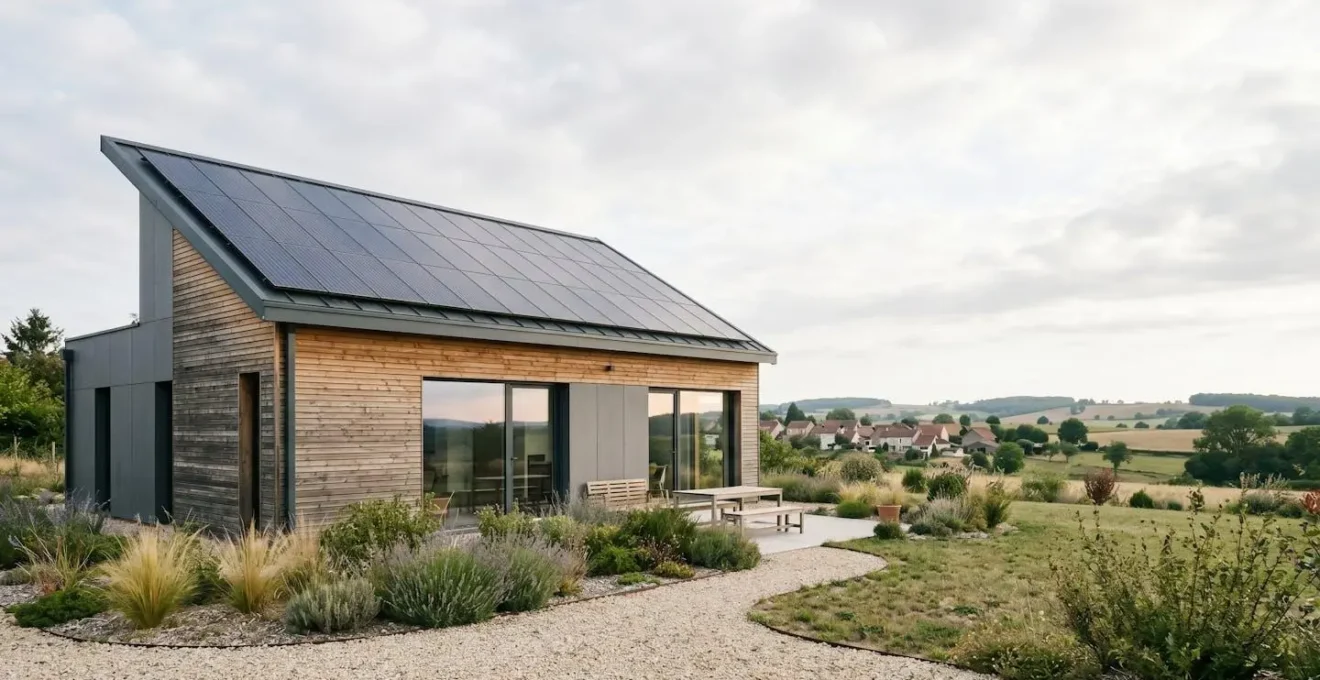 Maison écologique moderne avec panneaux solaires et isolation performante illustrant l'autonomie énergétique