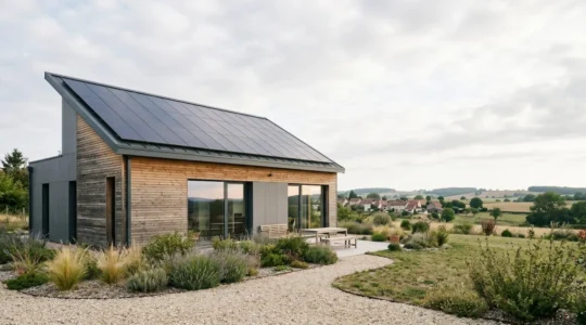 Maison écologique moderne avec panneaux solaires et isolation performante illustrant l'autonomie énergétique