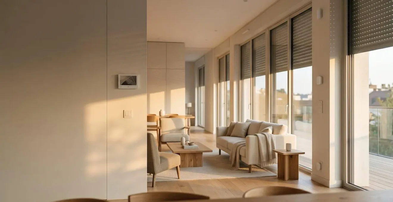 Vue d'ensemble d'un intérieur moderne avec équipements domotiques intégrés illustrant économies d'énergie et confort