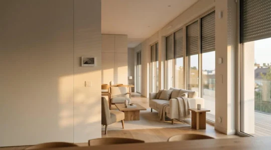 Vue d'ensemble d'un intérieur moderne avec équipements domotiques intégrés illustrant économies d'énergie et confort