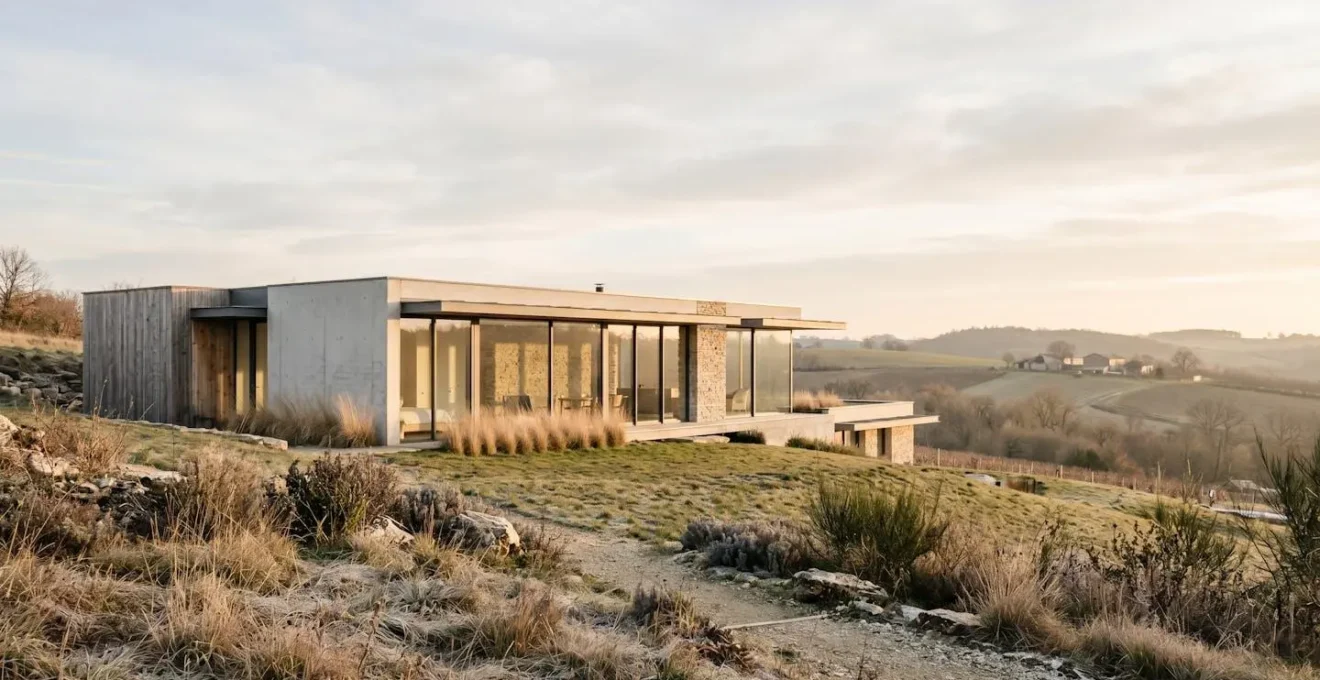Maison moderne avec grandes baies vitrées orientées sud captant la lumière naturelle en hiver