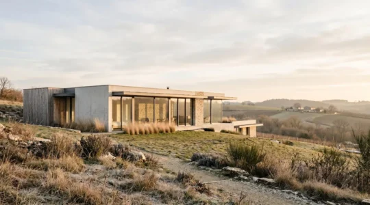 Maison moderne avec grandes baies vitrées orientées sud captant la lumière naturelle en hiver