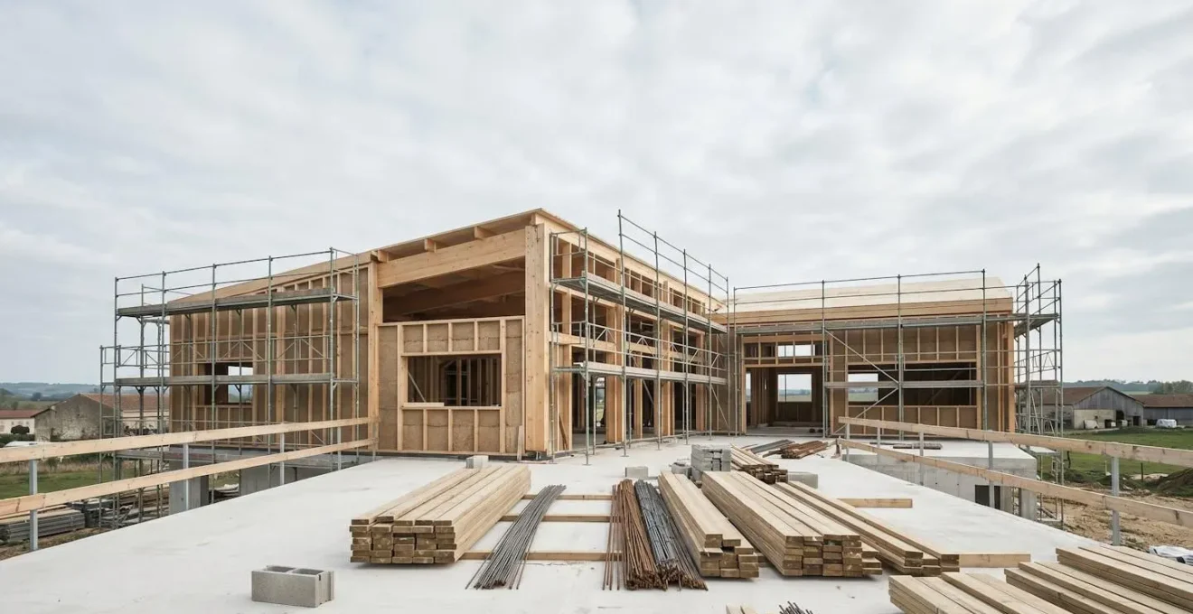 Chantier de construction moderne avec équipements de sécurité et respect des normes environnementales en France