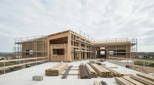 Chantier de construction moderne avec équipements de sécurité et respect des normes environnementales en France