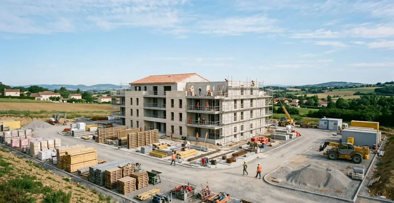 Vue d'ensemble d'un chantier de construction organisé avec planning et gestion de budget