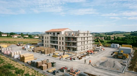 Vue d'ensemble d'un chantier de construction organisé avec planning et gestion de budget