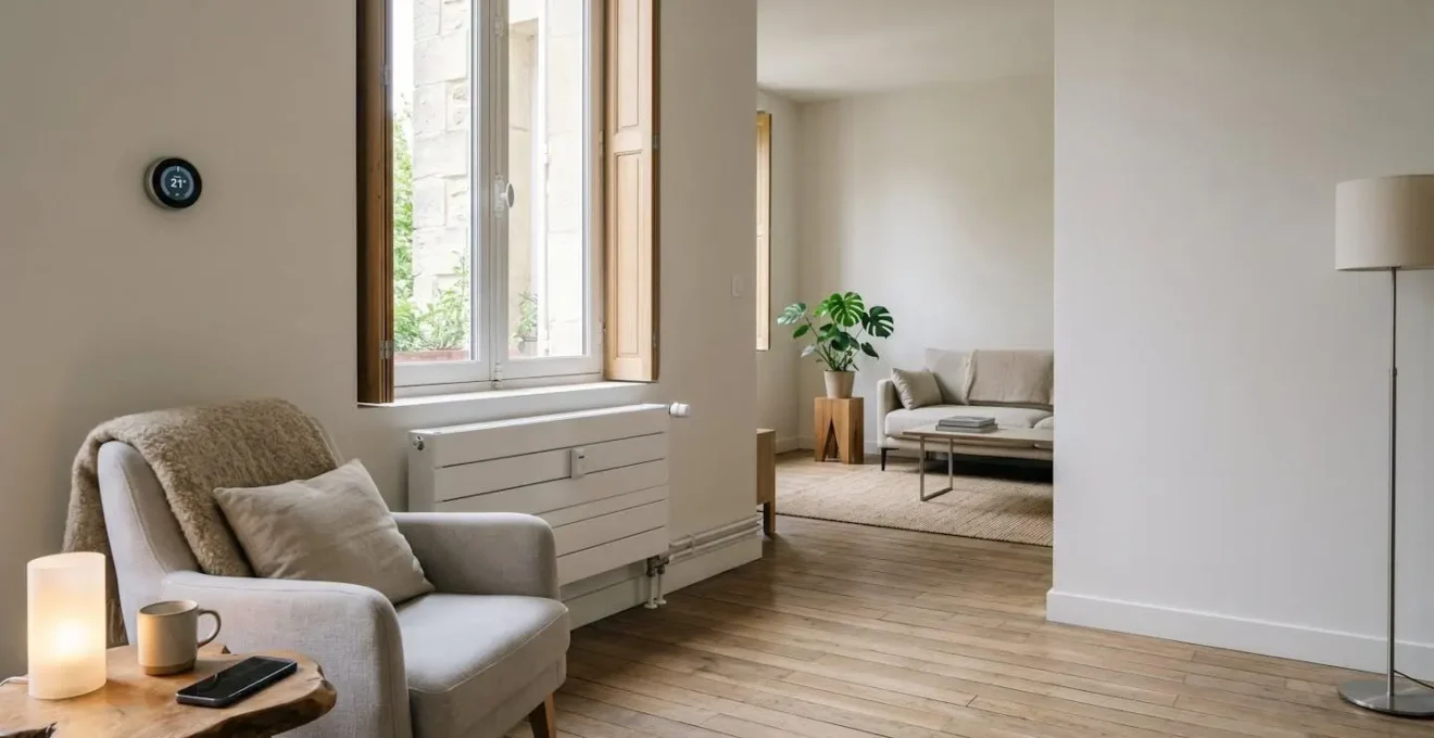 Intérieur chaleureux d'une maison française moderne illustrant les économies d'énergie au quotidien