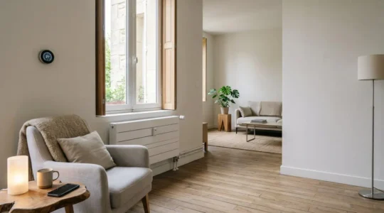 Intérieur chaleureux d'une maison française moderne illustrant les économies d'énergie au quotidien