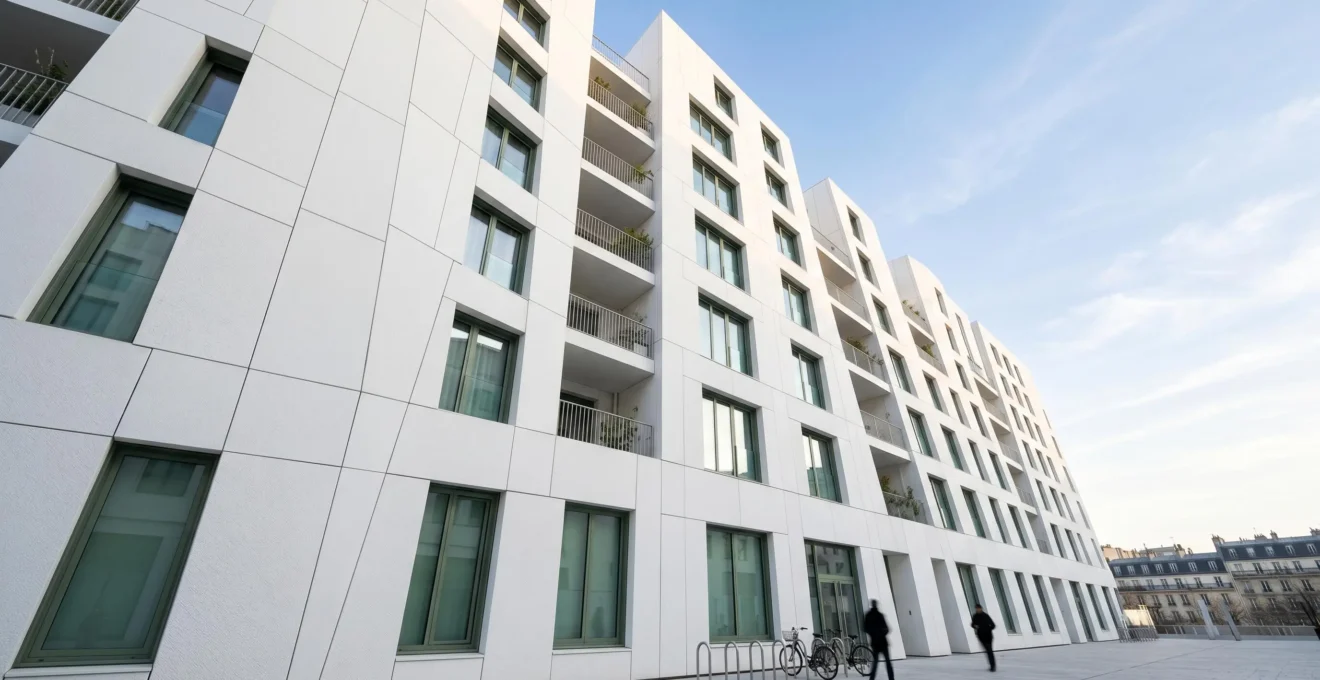 Façade moderne de bâtiment avec revêtement autonettoyant sous la lumière naturelle illustrant la photocatalyse
