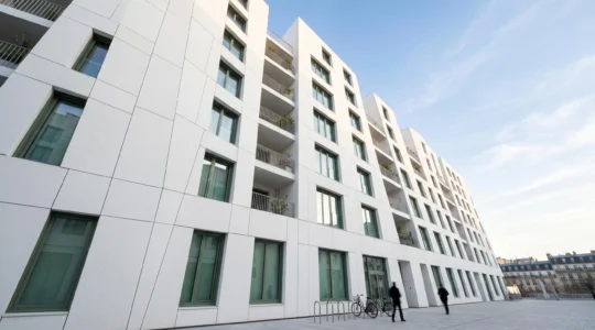 Façade moderne de bâtiment avec revêtement autonettoyant sous la lumière naturelle illustrant la photocatalyse
