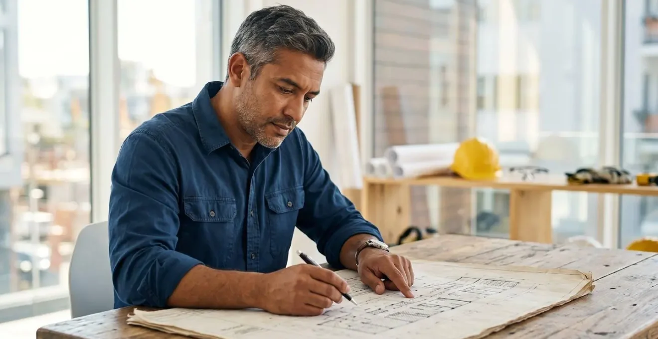 Professionnels du bâtiment analysant un dossier de chantier avec plans et documents de garanties