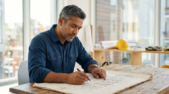 Professionnels du bâtiment analysant un dossier de chantier avec plans et documents de garanties