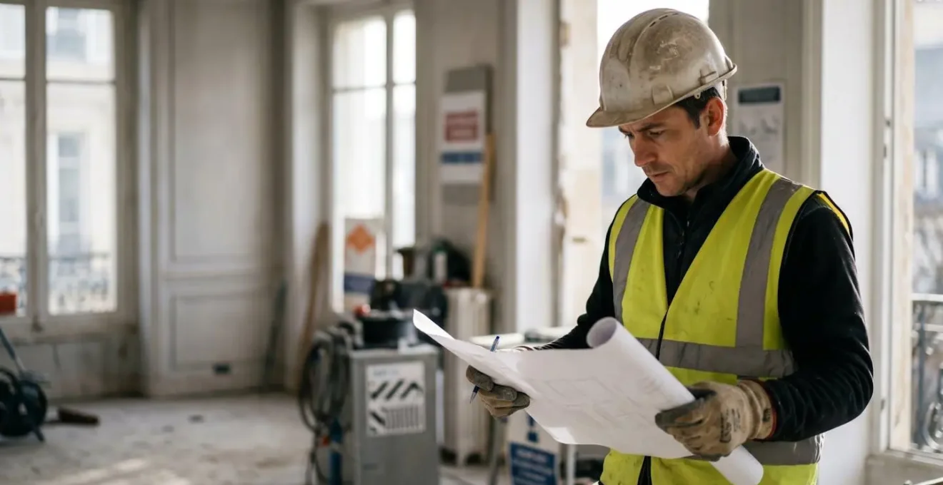 Professionnel du bâtiment qualifié sur chantier avec équipements de sécurité et documentation de certification