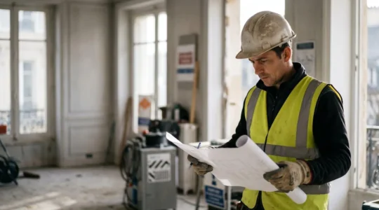 Professionnel du bâtiment qualifié sur chantier avec équipements de sécurité et documentation de certification