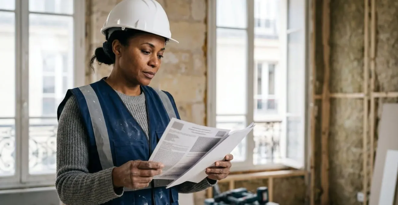 Professionnel du bâtiment consultant des documents de certification sur un chantier de rénovation énergétique