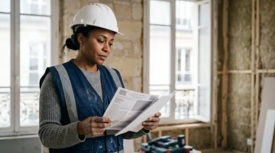Professionnel du bâtiment consultant des documents de certification sur un chantier de rénovation énergétique
