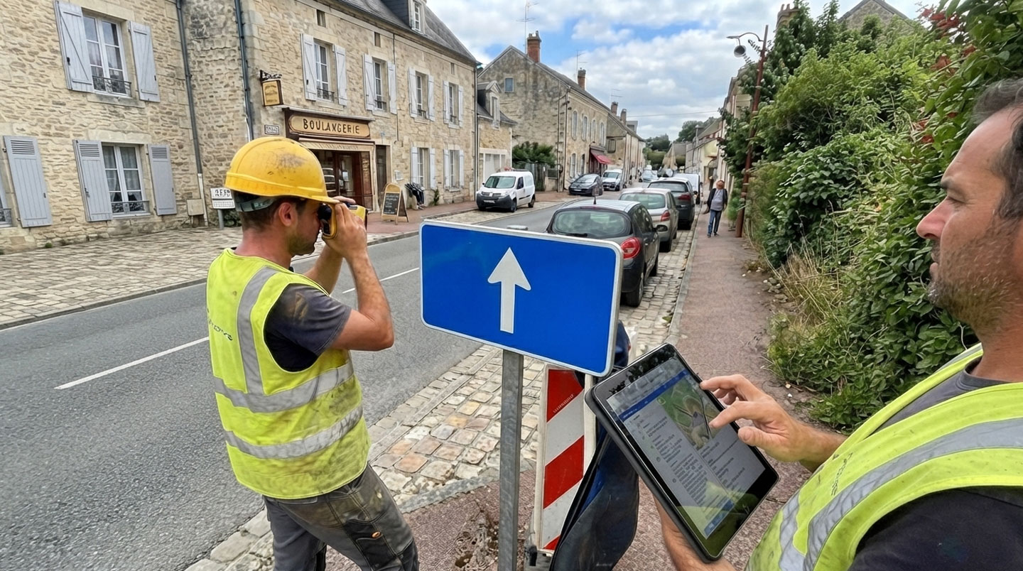 Responsable urbanisme examinant l'installation d'un panneau municipal avec tablette en main, contexte d'audit terrain