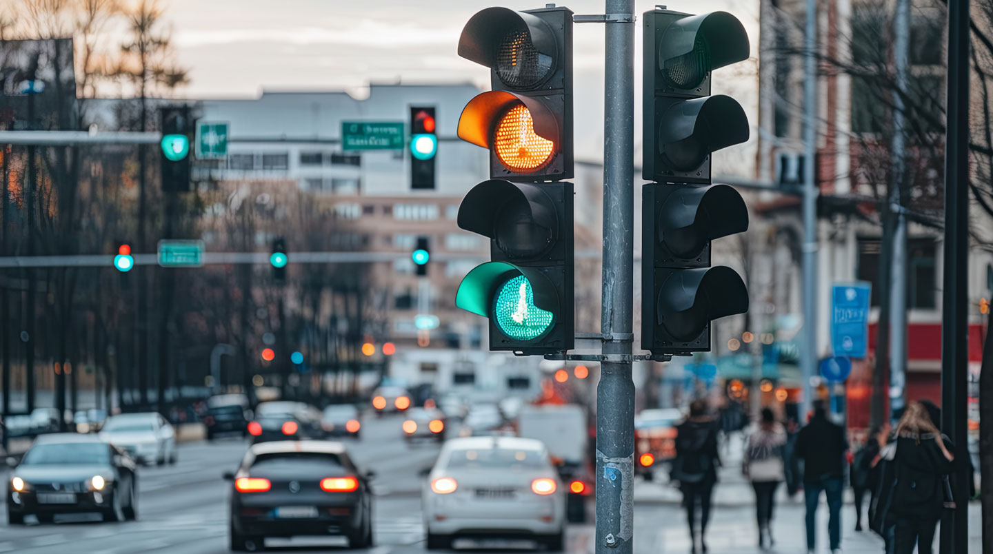 Radar pédagogique connecté affichant la vitesse en temps réel sur une rue résidentielle française, architecture urbaine en arrière-plan